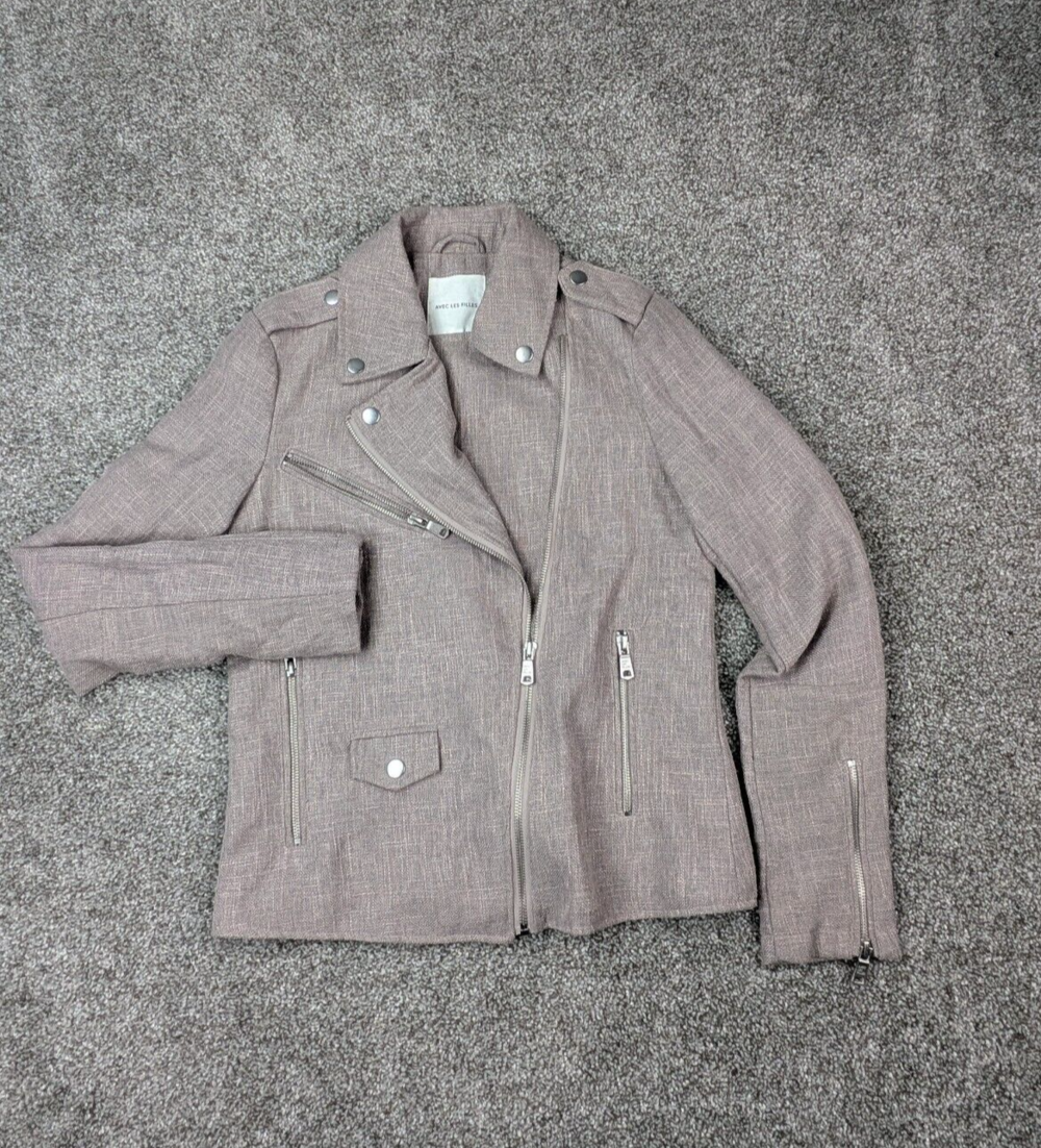 Avec Les Filles Jacket Womens S Tan Beige Linen Burlap Biker Motorcycle Burlap